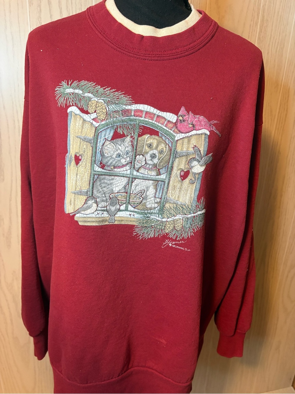 Morning Sun Woman burgundy, Double Crewneck Sweatshirt Kitty Cat Size XL Vintage